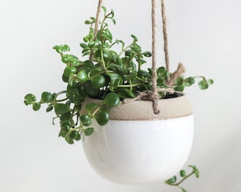 Ceramic Hanging Planter Pot in Boho White and Beige