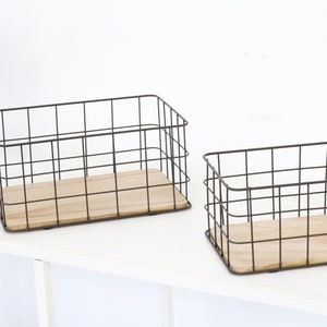 Metal Wire and Wood Basket for Food, Pantry Organization, Bathroom Storage and Entryway