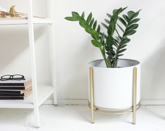 Large White Standing Planter Pot with Modern Gold Plant Stand CLEARANCE SALE 70