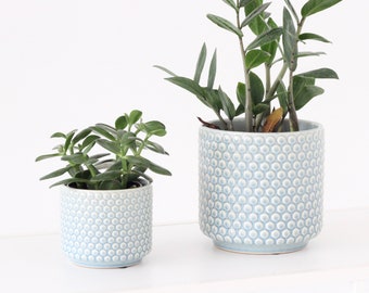 Bubble Textured Plant Pots in Danish Blue and White Ceramic