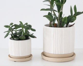 Textured Planter with Saucer in White Ceramic on Beige