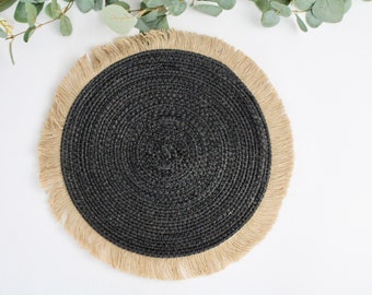 Set of 2 Black and Natural Raffia Fringe Placemat CLEARANCE SALE