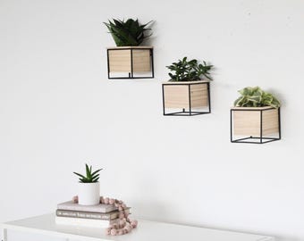 Scandinavian Wall Planter Pot in Black Metal and Wood Minimalist