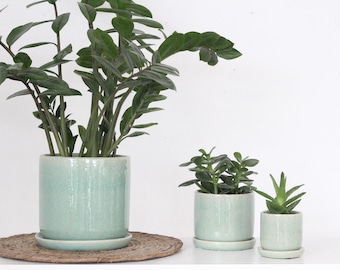 Sage Green Ceramic Round Planter Pot with Saucer