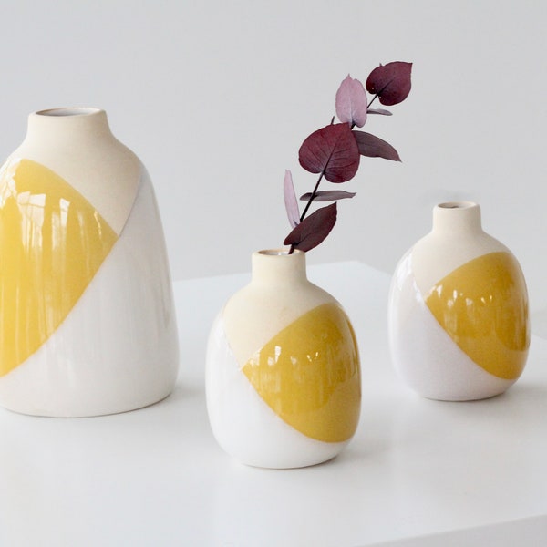 Dipped Glaze Ceramic Bud Vase in Mustard Yellow, White and Natural