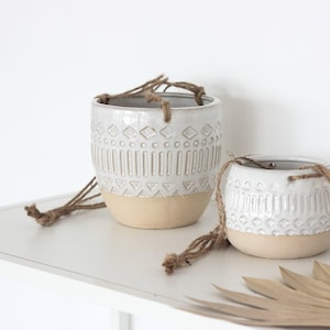 Patterned Ceramic White and Beige Hanging Planter Pot