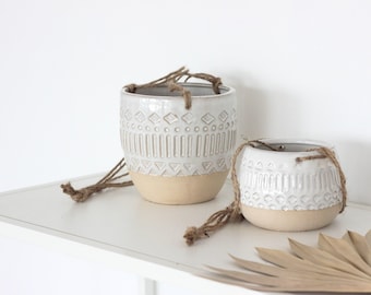 Patterned Ceramic White and Beige Hanging Planter Pot