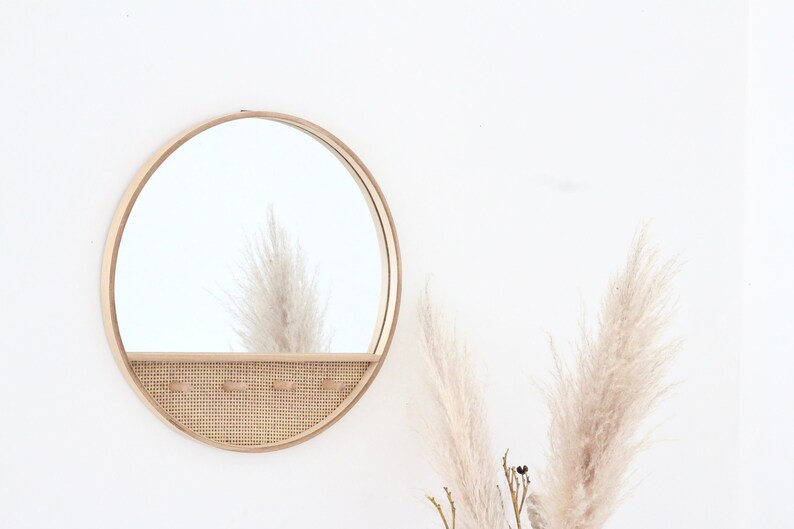 Rattan Cane Mirror With Hooks Round Entryway Mirror Boho Wall Etsy