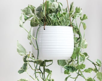 Large Textured Glossy White Ceramic Hanging Planter Pot