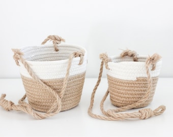 Boho Beige and White Woven Rope Hanging Planter Baskets