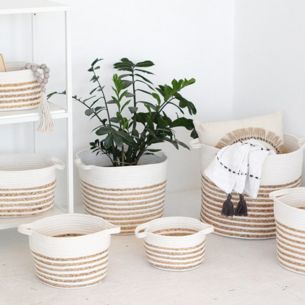 White Cotton and Jute Woven Storage Rope Baskets with Handles