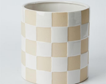 7" Checkered Ceramic Planter with Two Tone Glaze