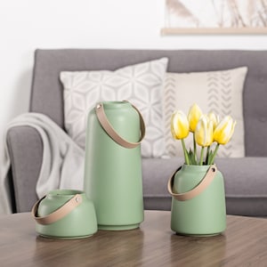 Soft White Ceramic and Leather Vase & Planter CLOSING SALE Green