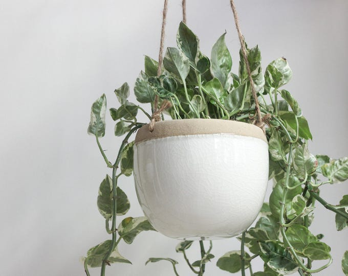 Large Ceramic Hanging Modern Boho Planter Pot in White and Beige