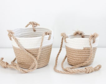 Boho Beige and White Woven Rope Hanging Planter Baskets