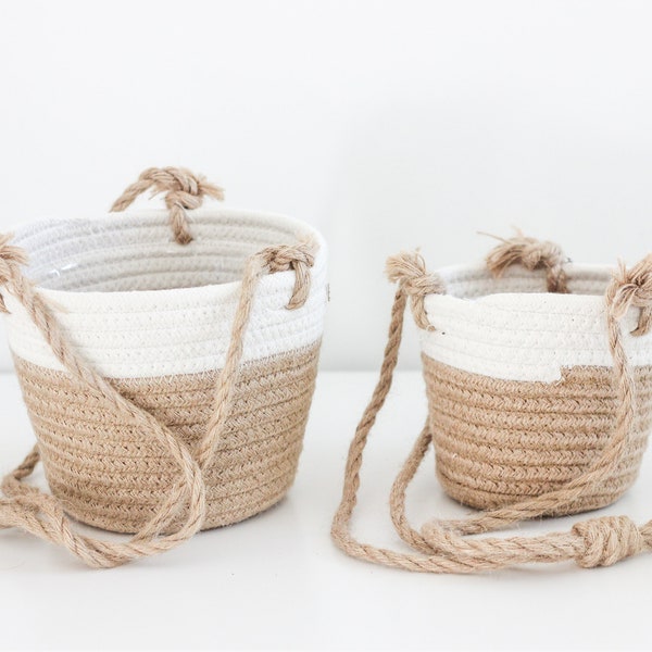 Boho Beige and White Woven Rope Hanging Planter Baskets