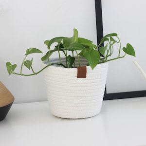 Off White Cotton Rope Plant Basket with Leather Accent