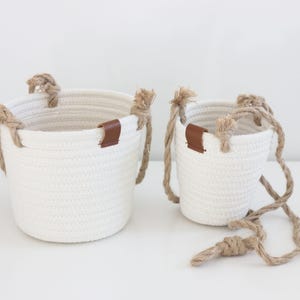 Boho Cotton Rope Hanging Planter Basket with Leather Accent