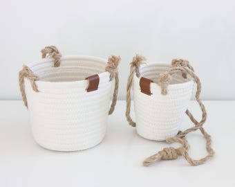 Boho Cotton Rope Hanging Planter Basket with Leather Accent