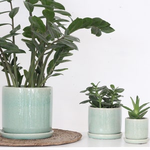 Sage Green Ceramic Round Planter Pot with Saucer