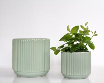 Fluted Sage Green Ribbed Indoor Planter Pot with Reactive Glaze