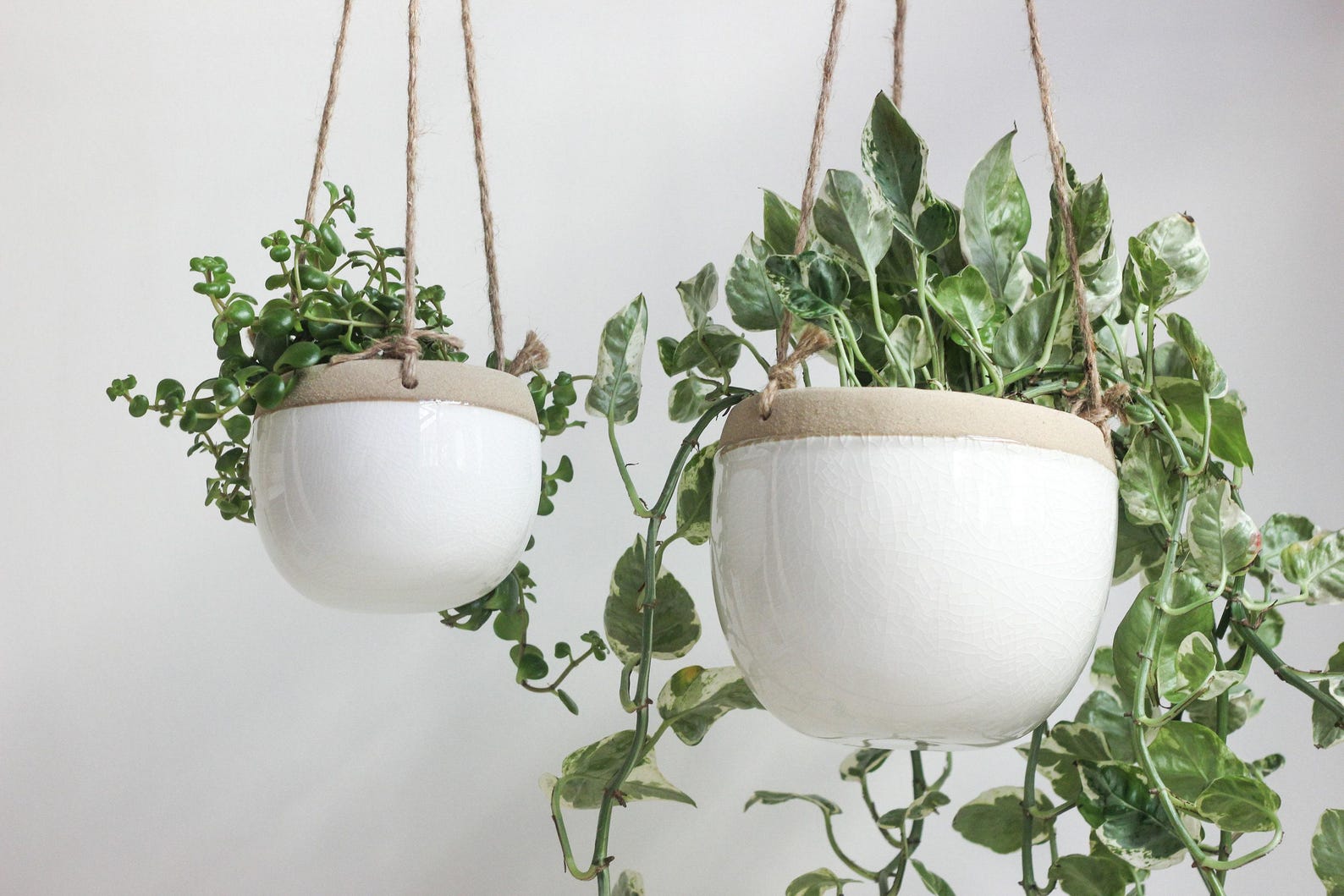 Modern Boho Ceramic Hanging Planter Pot in White and Beige