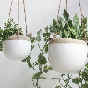 Modern Boho Ceramic Hanging Planter Pot in White and Beige