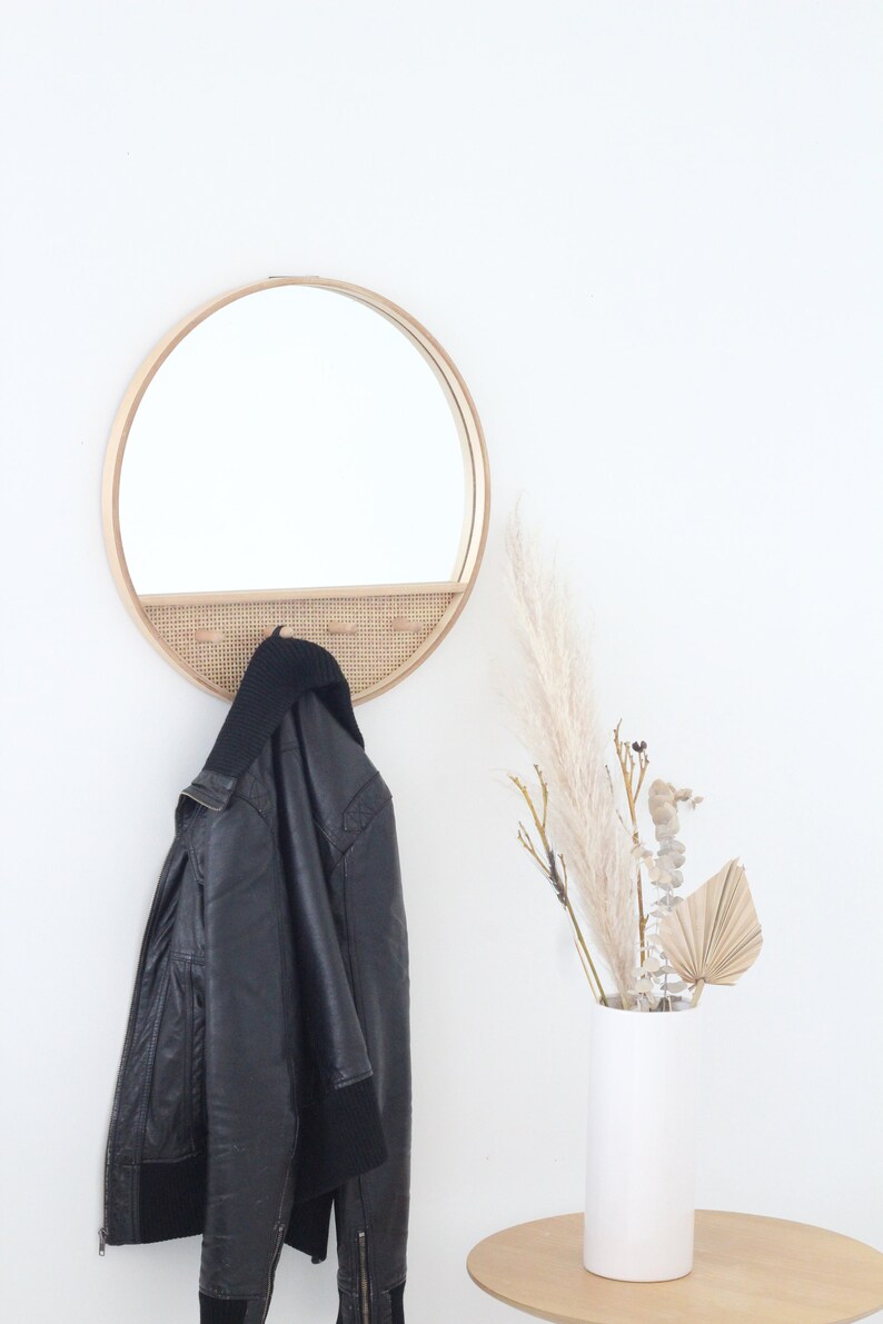 Rattan Cane Mirror With Hooks Round Entryway Mirror Boho Wall Etsy