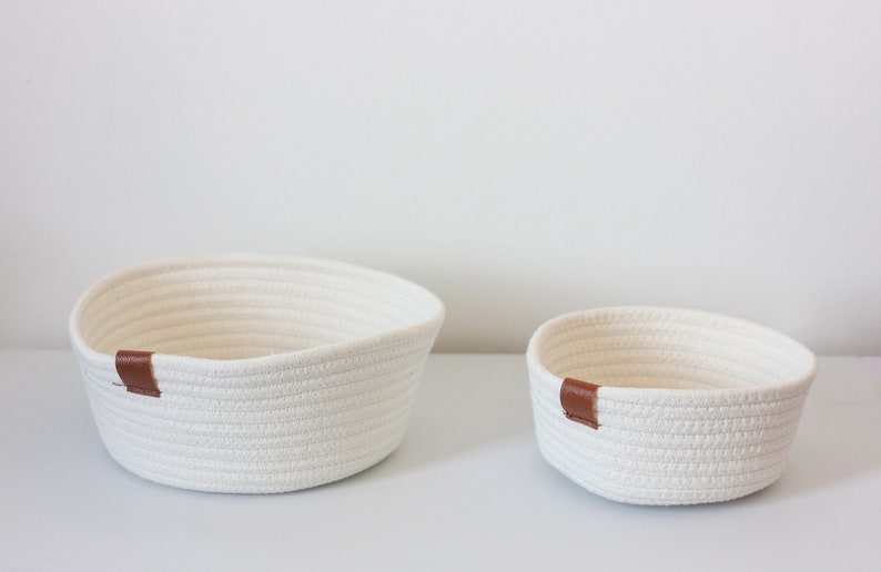 White Woven Cotton Rope Round Basket with Leather Accent Etsy