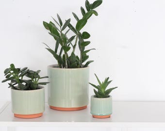 Sage Green and Terracotta Ceramic Round Planter Pot