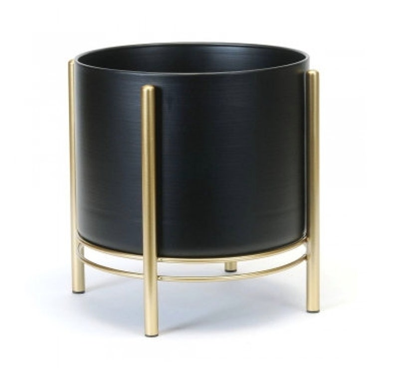 Small Standing Planter Pot with Modern Gold Plant Stand in Black and White CLEARANCE SALE image 7