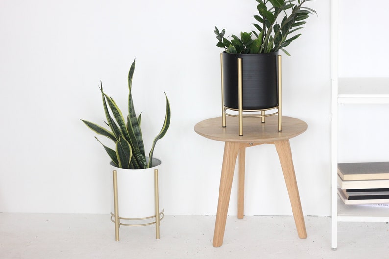 Small Standing Planter Pot with Modern Gold Plant Stand in Black and White CLEARANCE SALE image 1