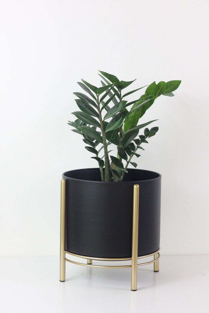 Small Standing Planter Pot with Modern Gold Plant Stand in Black and White CLEARANCE SALE image 4