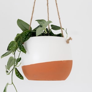 Burnt Orange Ceramic Hanging Planter Pot in White and Terracotta