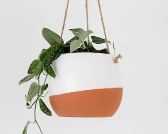 Burnt Orange Ceramic Hanging Planter Pot in White and Terracotta