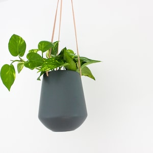 Tall Minimalist Grey Hanging Ceramic Planter Pot with Leather Cord