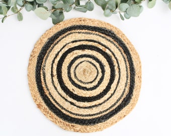 Two Tone Black Cotton and Jute Braided Round Placemat Set CLEARANCE SALE