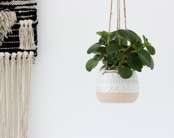 Small Ceramic White and Beige Hanging Planter Pot