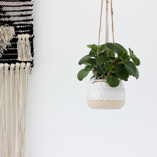 Small Ceramic White and Beige Hanging Planter Pot