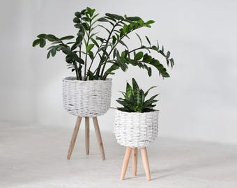 White Boho Woven Plant Stand
