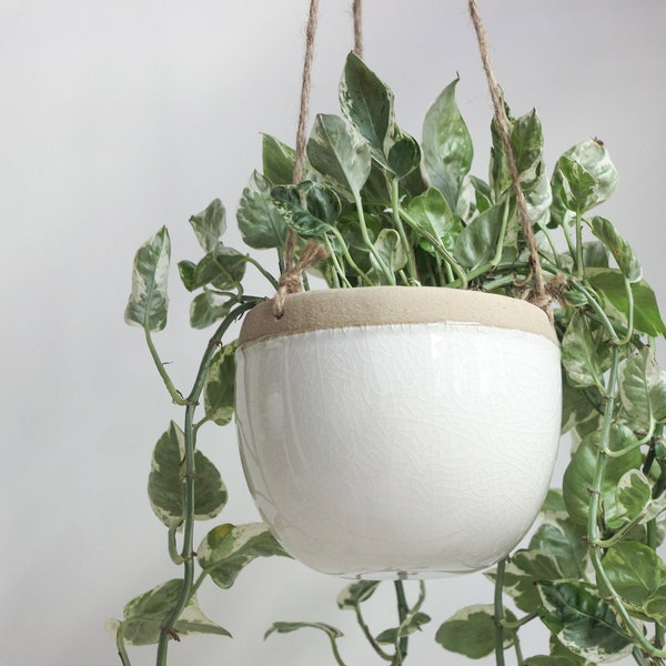 Large Ceramic Hanging Modern Boho Planter Pot in White and Beige