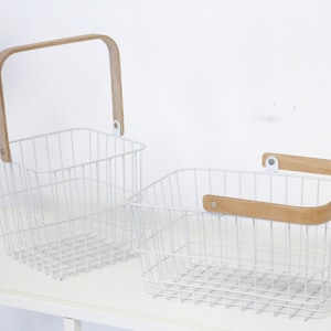 White Metal Wire Basket with Wooden Handle for Food, Pantry Organization, Bathroom Storage and Entryway