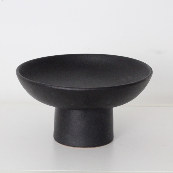 Matte Black Ceramic Pedestal Bowl | Fruit Bowl | Footed Shallow Bowl