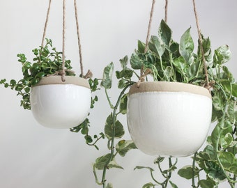 Modern Boho Ceramic Hanging Planter Pot in White and Beige