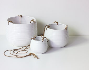 Minimal Glossy White Ceramic Hanging Planter Pot