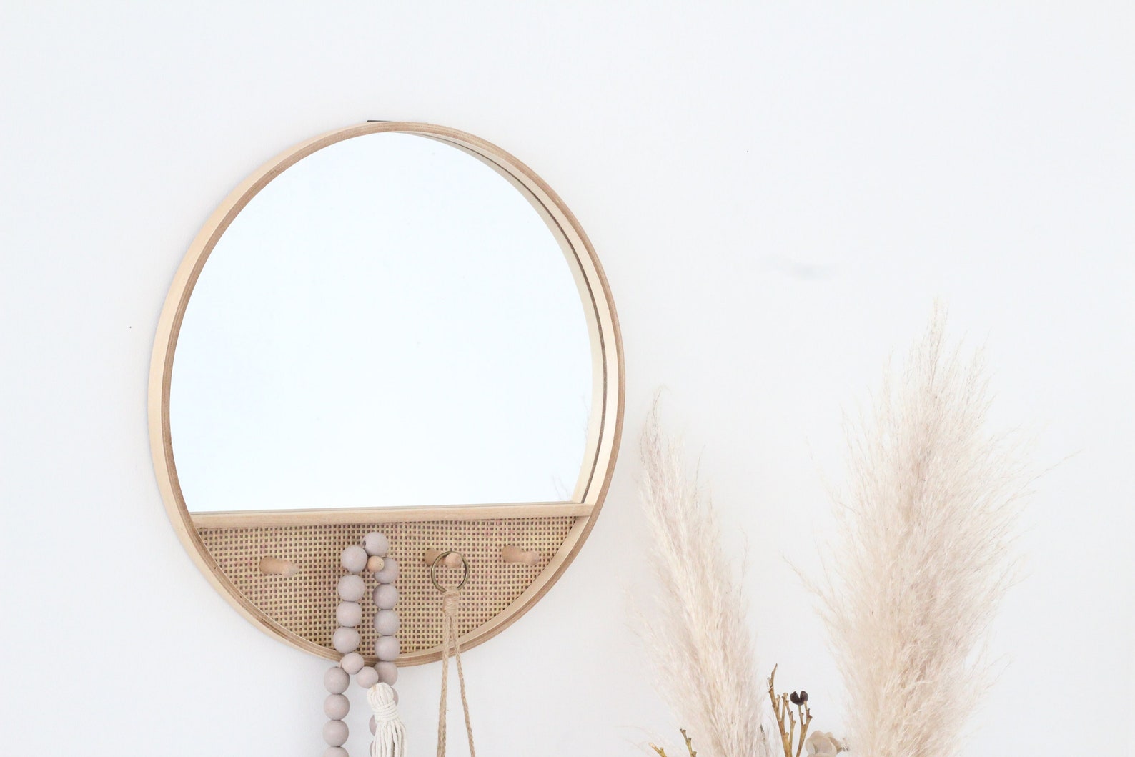 Rattan Cane Mirror With Hooks Round Entryway Mirror Boho Wall Etsy