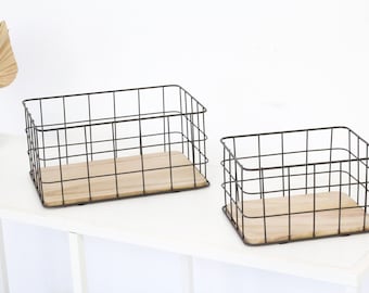 Metal Wire and Wood Basket for Food, Pantry Organization, Bathroom Storage and Entryway
