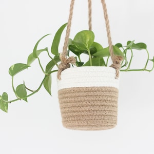 Medium Beige and White Cotton Rope Hanging Planter Basket