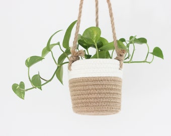 Medium Beige and White Cotton Rope Hanging Planter Basket