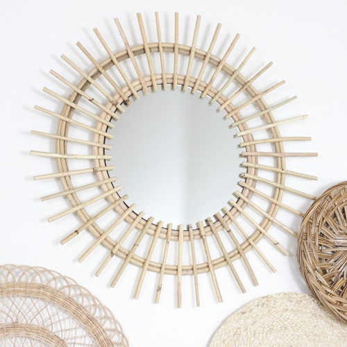 Boho Round Rattan Circular Accent Mirror Etsy